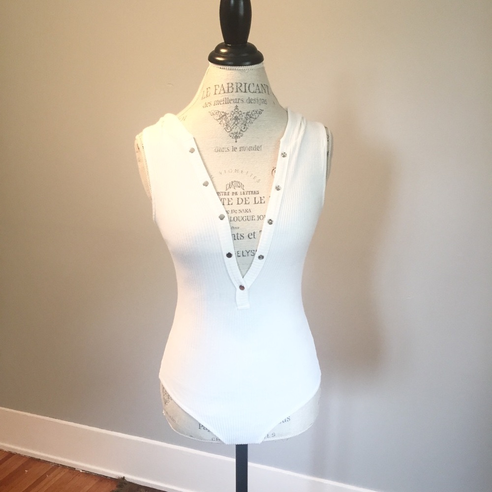 White Hooded Bodysuit with Front Button Detail